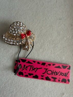 Betsey Johnson Crystal Straw Hat Brooch with Red Bow